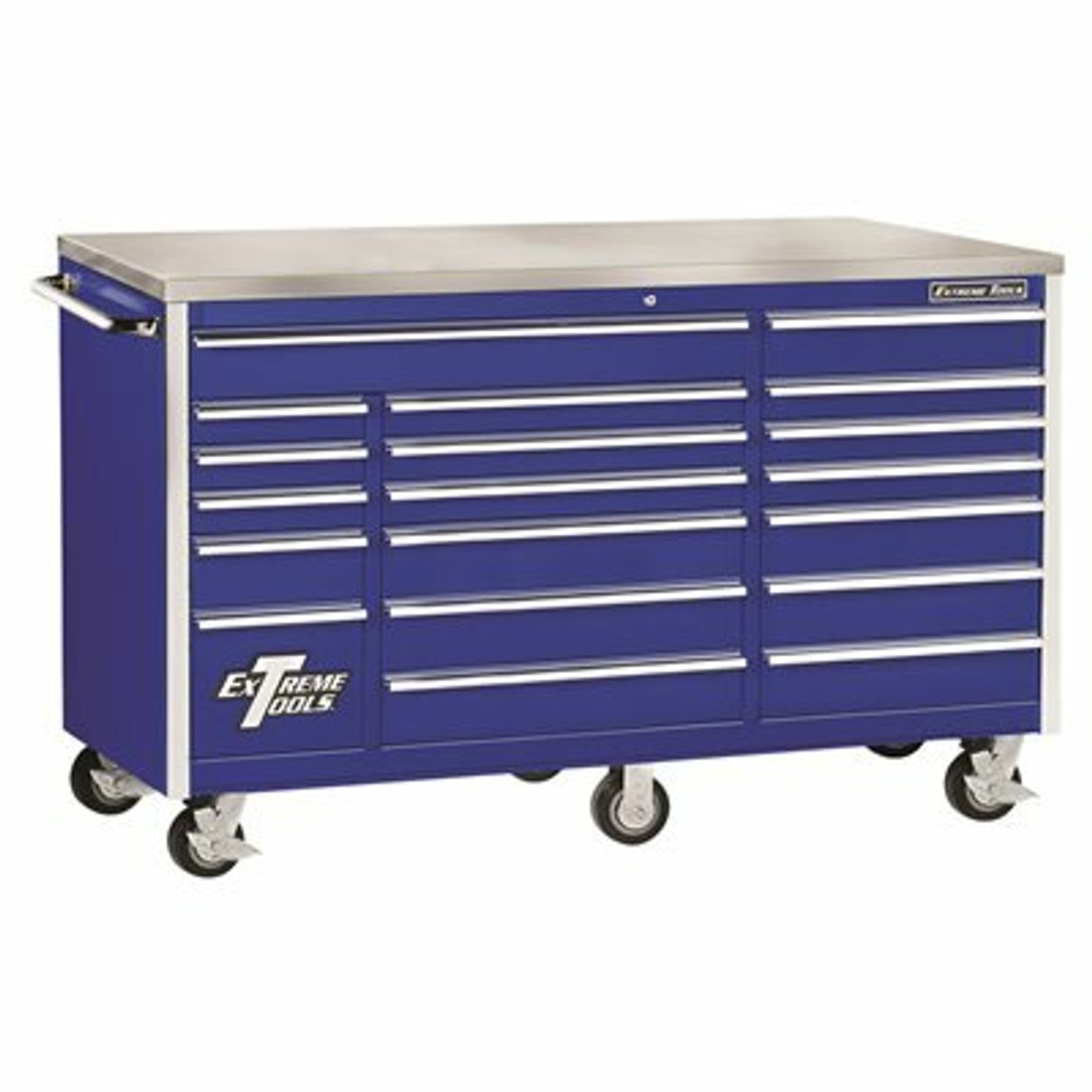 Extreme Tools 72 In. 18-Drawer Triple Bank Standard Roller Cabinet Tool Chest With Stainless Steel Work Surface In Blue