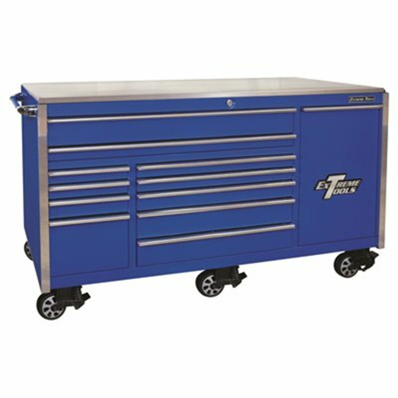 76 In. 12-Drawer Professional Roller Cabinet Includes Vertical Power Tool Drawer & Stainless Steel Work Surface In Blue