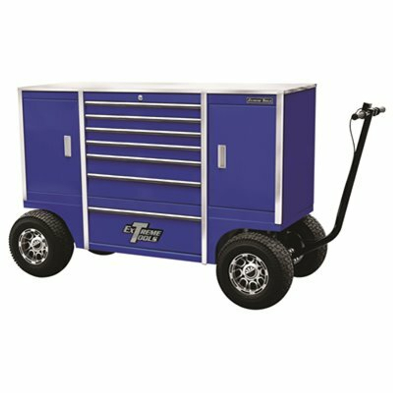 Extreme Tools 70 In. 7-Drawer 2-Compartment Pit Box With Stainless Steel Work Surface And Hand-Controlled Disc Brake In Blue