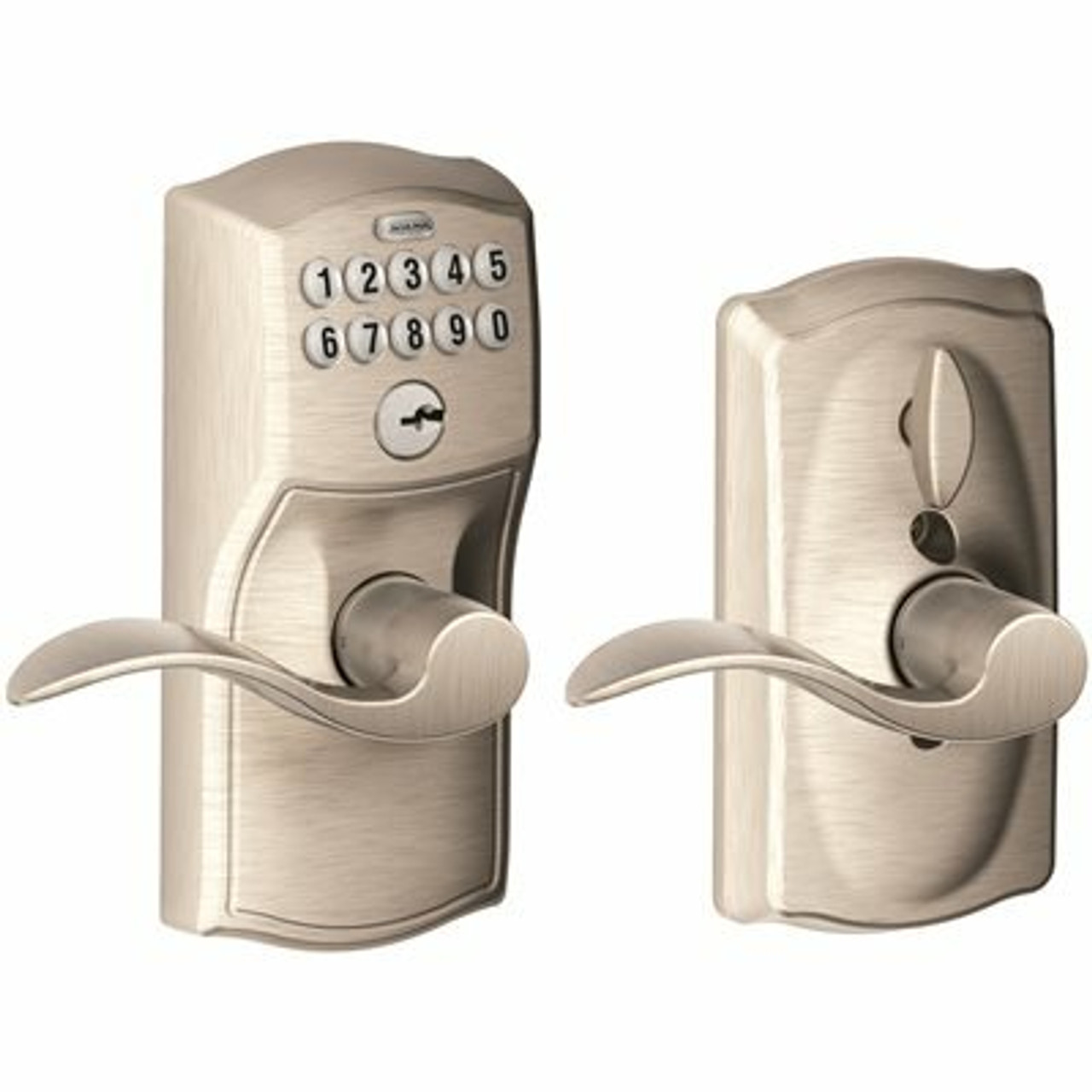 Schlage Camelot Satin Nickel Electronic Door Lock With Accent Door Lever Featuring Flex Lock