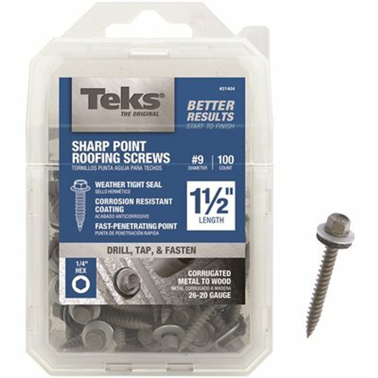 Teks #9 X 1-1/2 In. External Hex Zinc Plated Steel Hex Washer Head Roofing Screws (100-Pack)