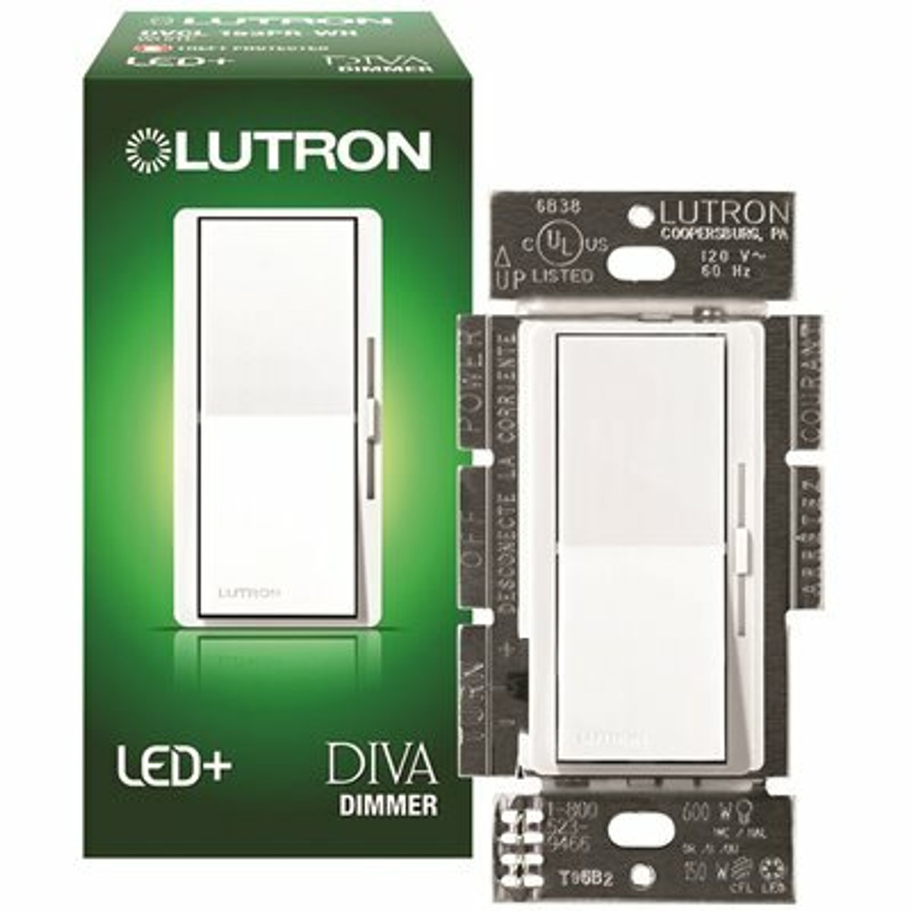 Lutron Single-Pole Or 3-Way Diva Led+ Dimmer Switch For Dimmable Led, Halogen And Incandescent Bulbs, White