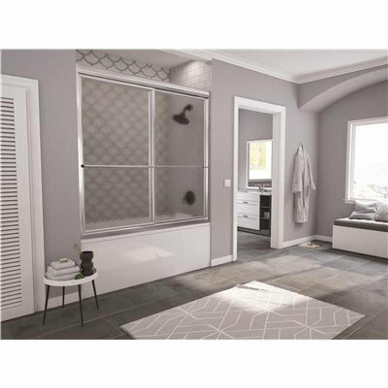 Newport 54 In. To 55.625 In. X 55 In. Framed Sliding Tub Door With Towel Bar In Chrome With Aquatex Glass