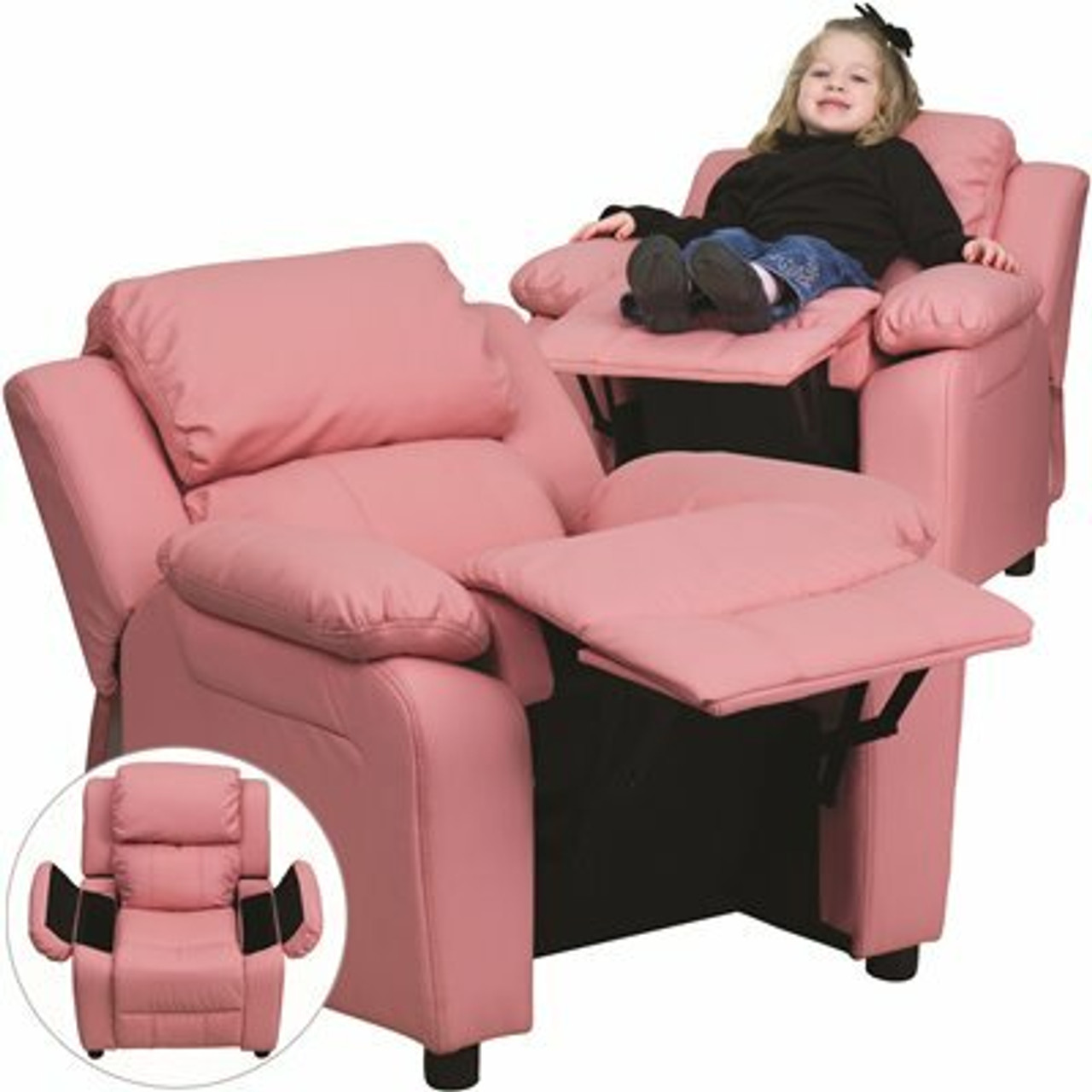 Flash Furniture Deluxe Padded Contemporary Pink Vinyl Kids Recliner With Storage Arms