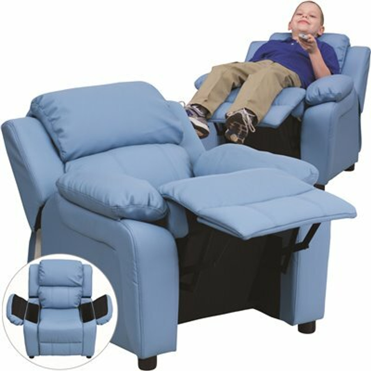 Flash Furniture Deluxe Padded Contemporary Light Blue Vinyl Kids Recliner With Storage Arms