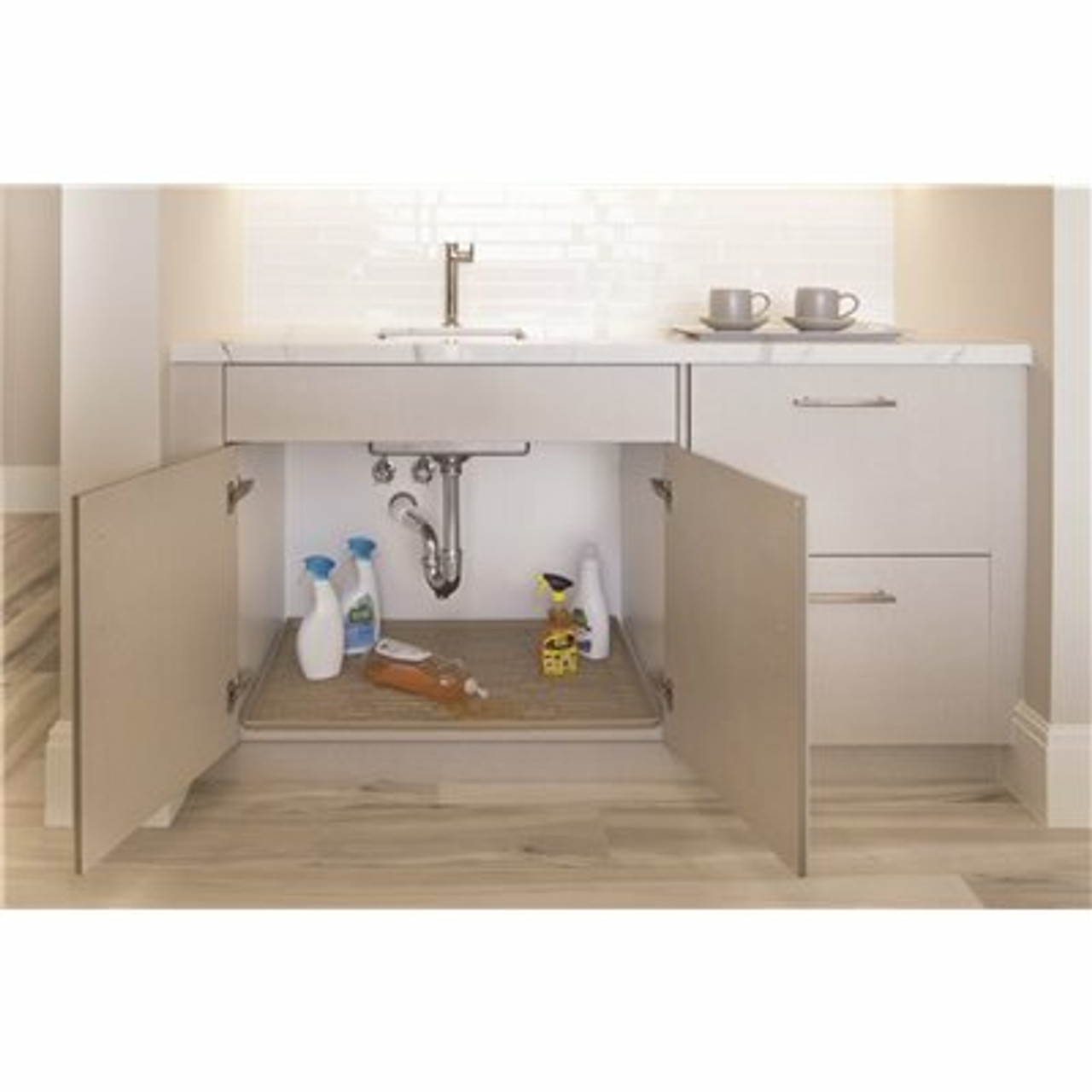 Xtreme Mats 28 In. X 19 In. Beige Bathroom Vanity Depth Under Sink Cabinet Mat Drip Tray Shelf Liner