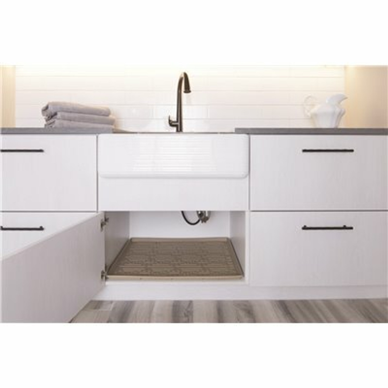 Xtreme Mats 34 In. X 19 In. Beige Bathroom Vanity Depth Under Sink Cabinet Mat Drip Tray Shelf Liner