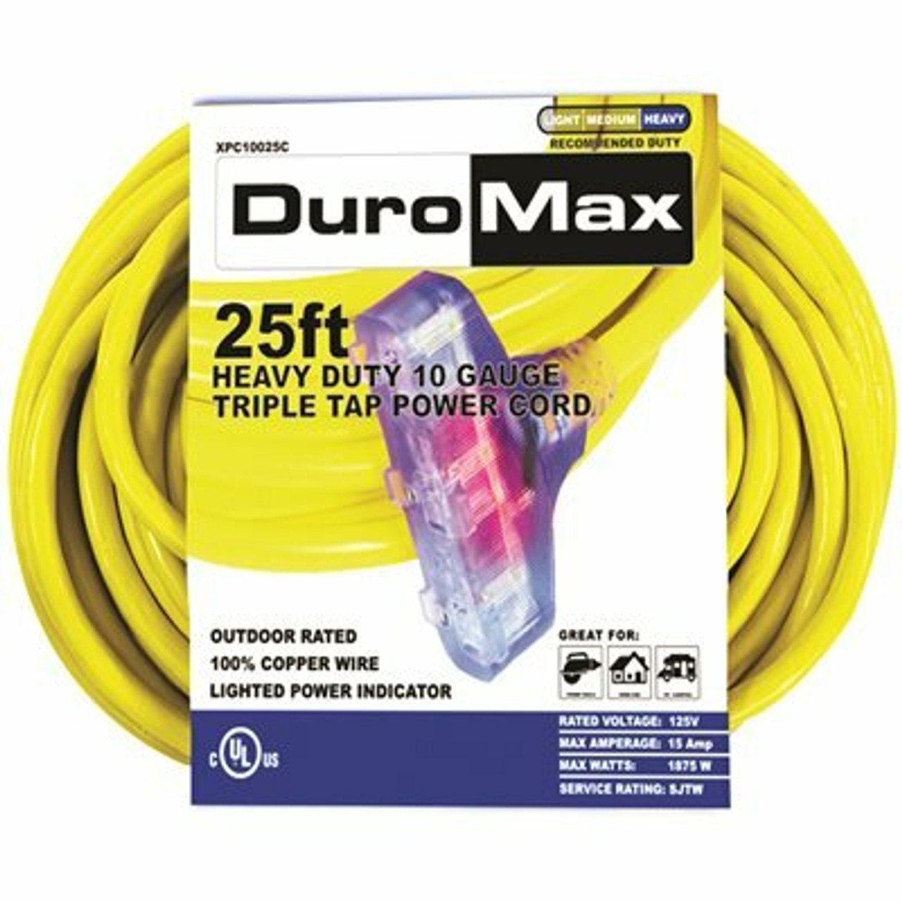 Duromax 25 Ft. 10/3-Gauge Triple Tap Heavy-Duty Extension Power Cord