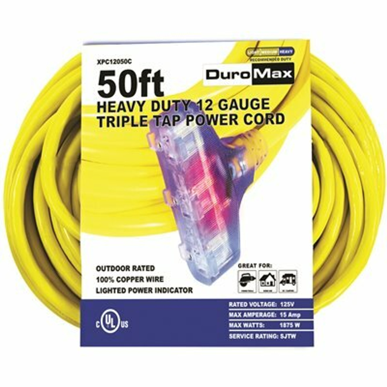 Duromax 50 Ft. 12/3-Gauge Triple Tap Extension Power Cord