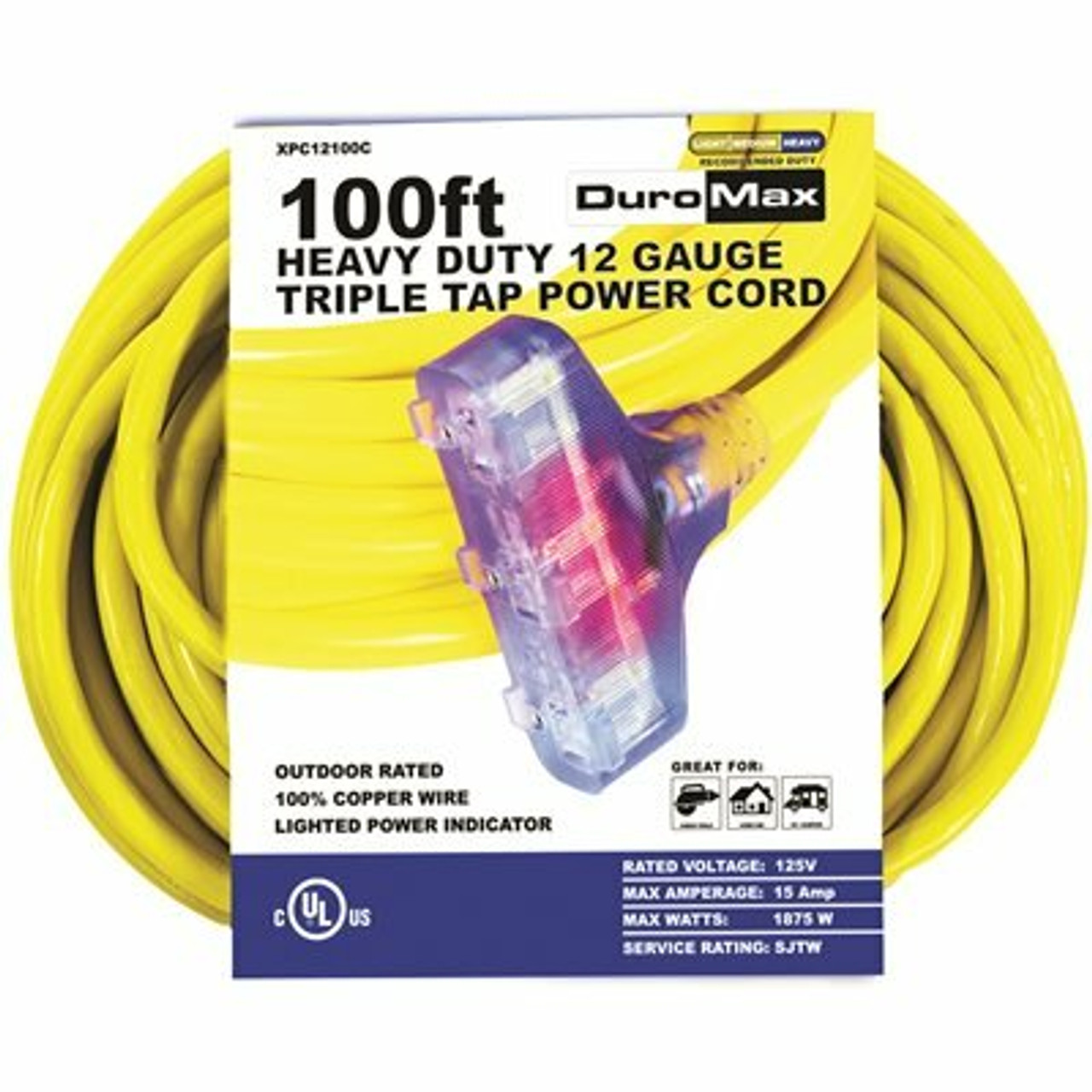 Duromax 100 Ft. 12/3-Gauge Triple Tap Extension Power Cord