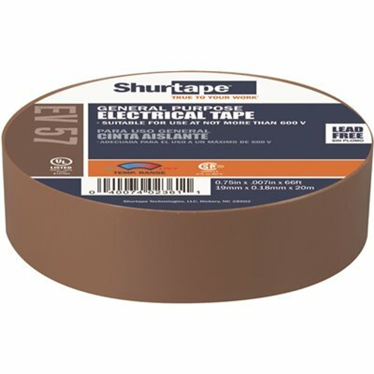 Shurtape Ev 57 3/4 In. X 66 Ft. General Purpose Electrical Tape, Ul Listed, Brown, 7 Mils (1 Roll)