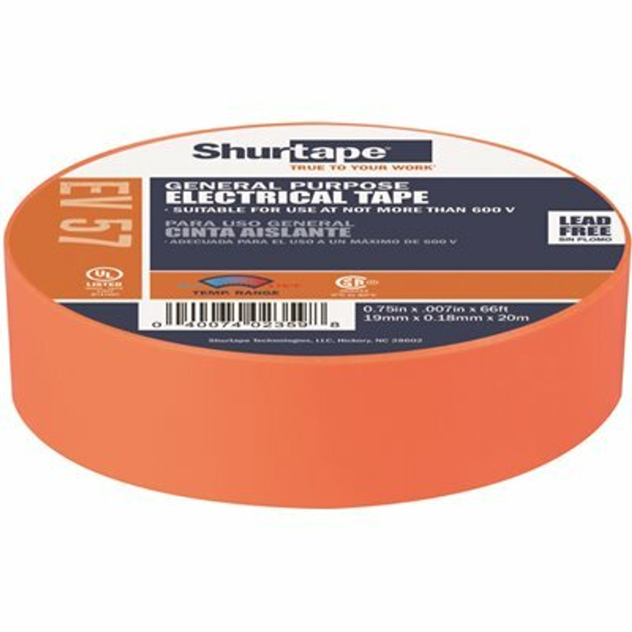 Shurtape Ev 57 General Purpose Electrical Tape, Ul Listed, Orange, 7 Mils, 3/4 In. X 66 Ft. [1 Roll]