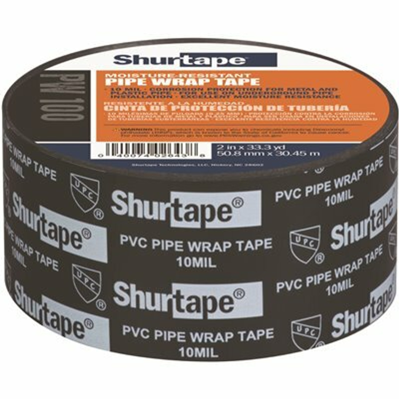 Shurtape Pw 100 Corrosion-Resistant Pvc Pipe Wrap Tape, Black Printed, 10 Mils, 2 In. X 33.3 Yds. [1 Roll]