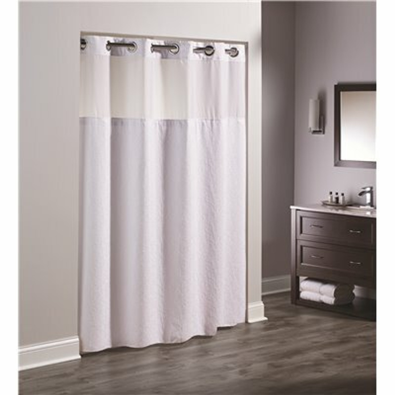 Hookless Coral 77 In. L White Shower Curtain With Sheer Window And Snap Liner (Case Of 12)