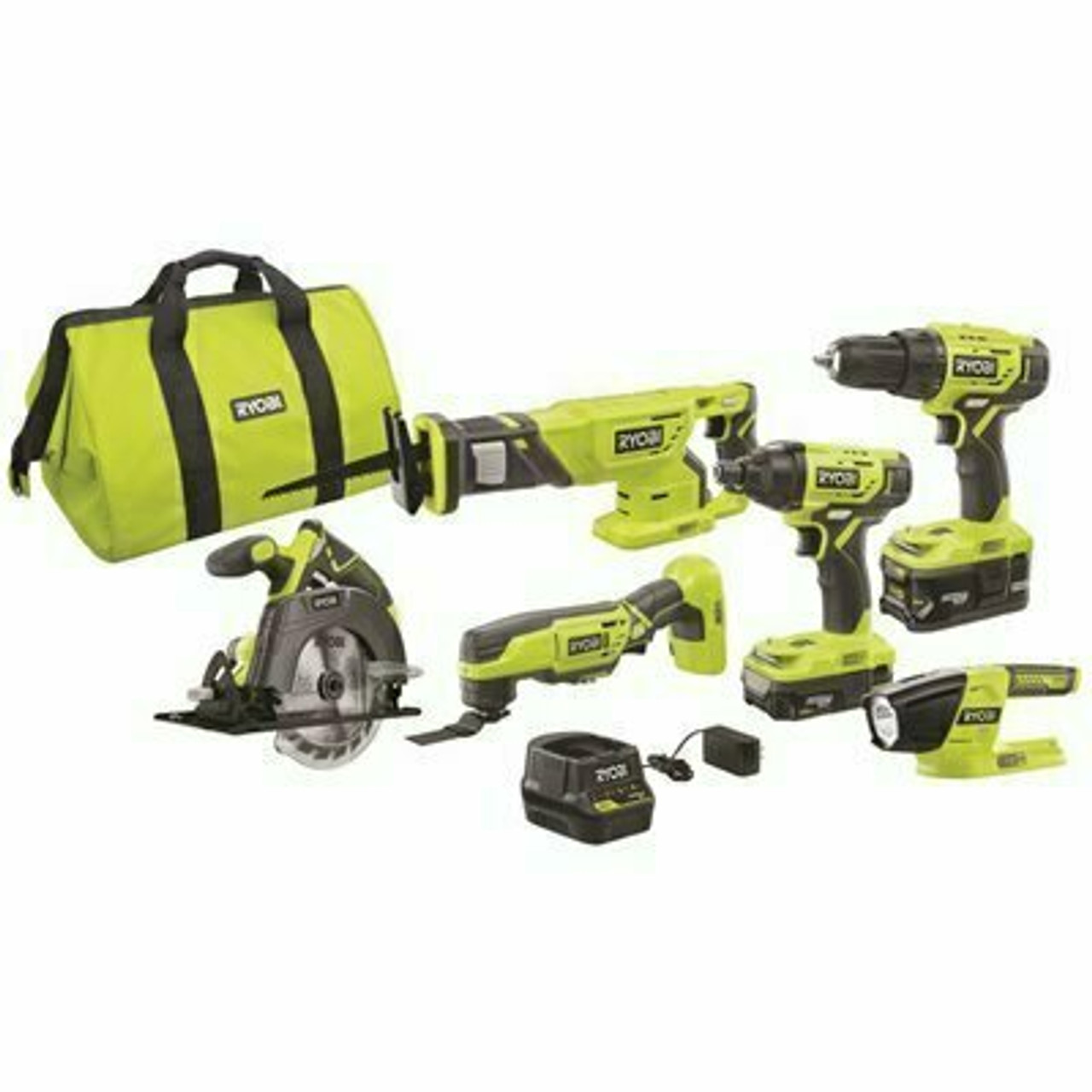 Ryobi One+ 18V Lithium-Ion Cordless 6-Tool Combo Kit With (2) Batteries, Charger, And Bag