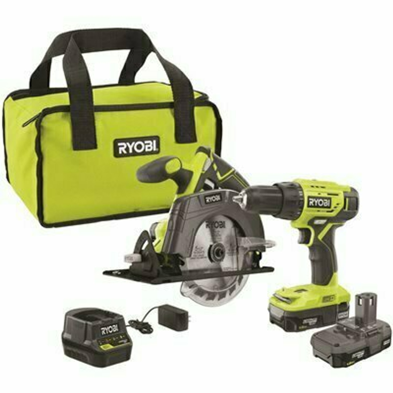 Ryobi One+ 18V Lithium-Ion Cordless 2-Tool Combo Kit W/ Drill/Driver, Circular Saw, (2) 1.5 Ah Batteries, Charger, And Bag