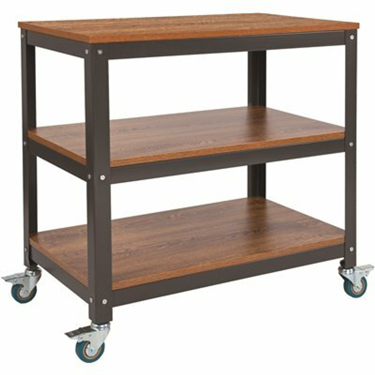 Carnegy Avenue 29.75 In. Brown Oak/Black Metal 3-Shelf Cart Bookcase With Locking