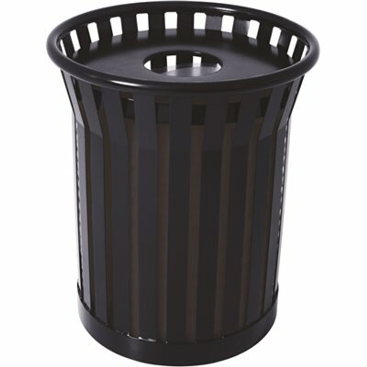 Plaza 36 Gal. Black Steel Strap Trash Receptacle with Flat Top