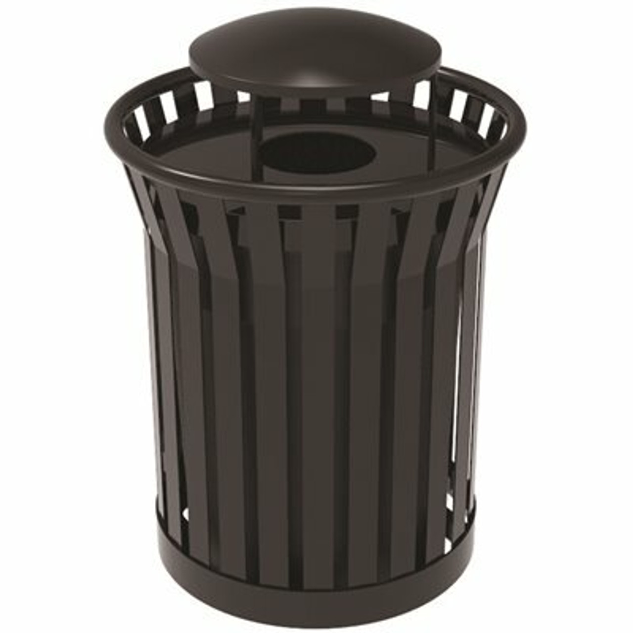 Plaza 36 Gal. Black Steel Strap Trash Receptacle With Rain Bonnet