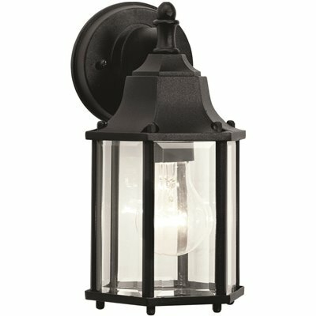 1-Light Small Textured Black On Cast Aluminum Outdoor Wall Lantern Sconce With Clear Beveled Glass Panels