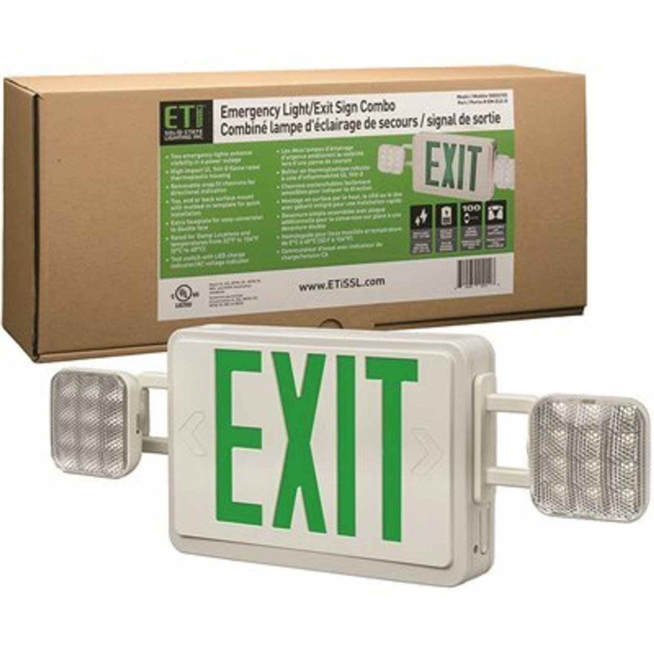 Eti 60-Watt Equivalent Integrated Led White With Green Letters Emergency Light Exit Sign Combo Battery Backup 6500K