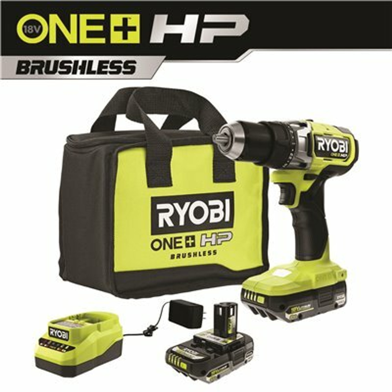 Ryobi One+ Hp 18V Brushless Cordless 1/2 In. Drill/Driver Kit With (2) 2.0 Ah High Performance Batteries, Charger, And Bag
