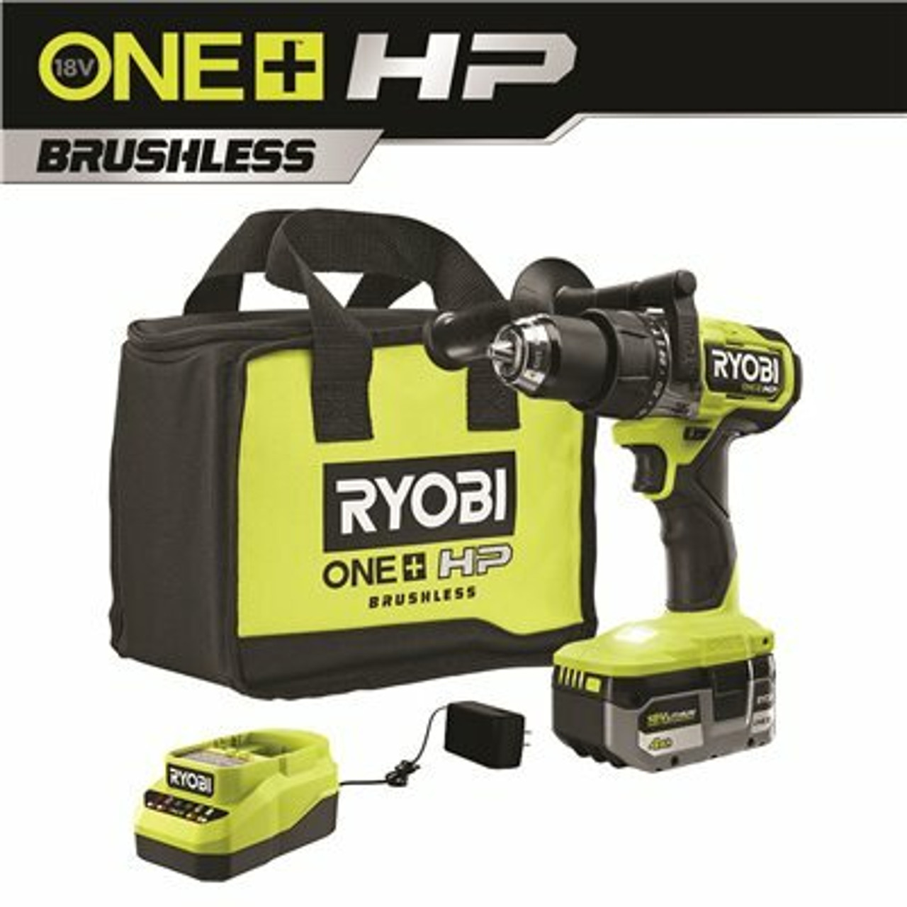 Ryobi One+ Hp 18V Brushless Cordless 1/2 In. Hammer Drill Kit With (1) 4.0 Ah High Performance Battery, Charger, And Tool Bag