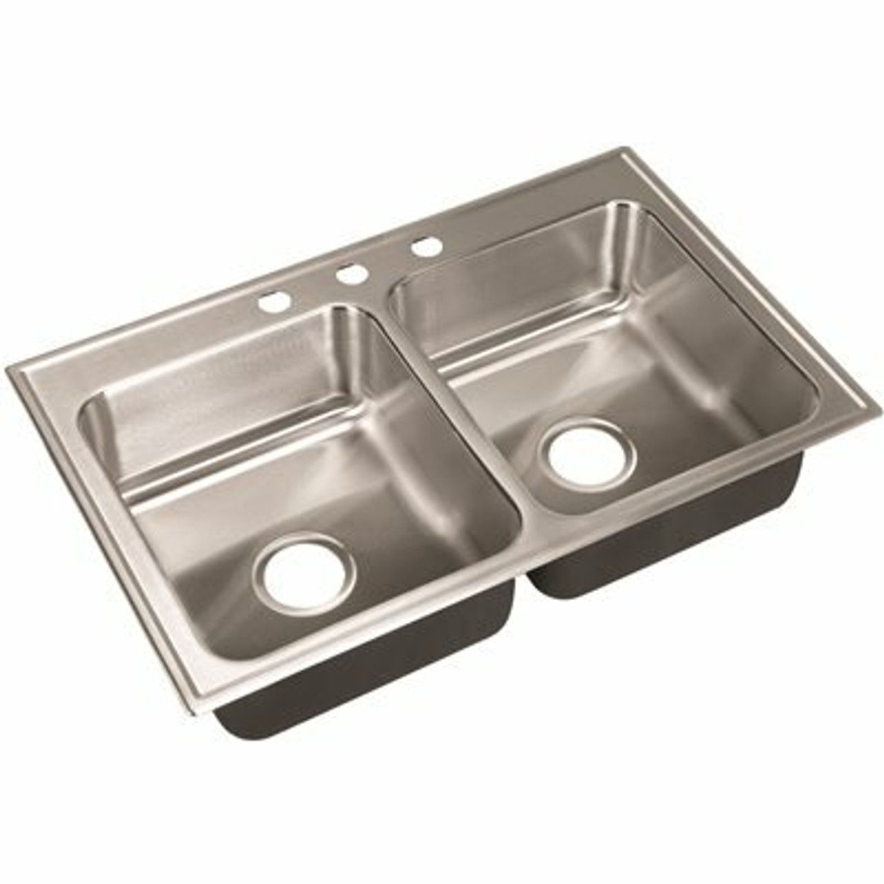 Just Manufacturing 18-Gauge Stainless Steel 22 In. O.D. X 33 In. 3-Hole Double Bowl Drop-In Kitchen Sink With Faucet Ledge