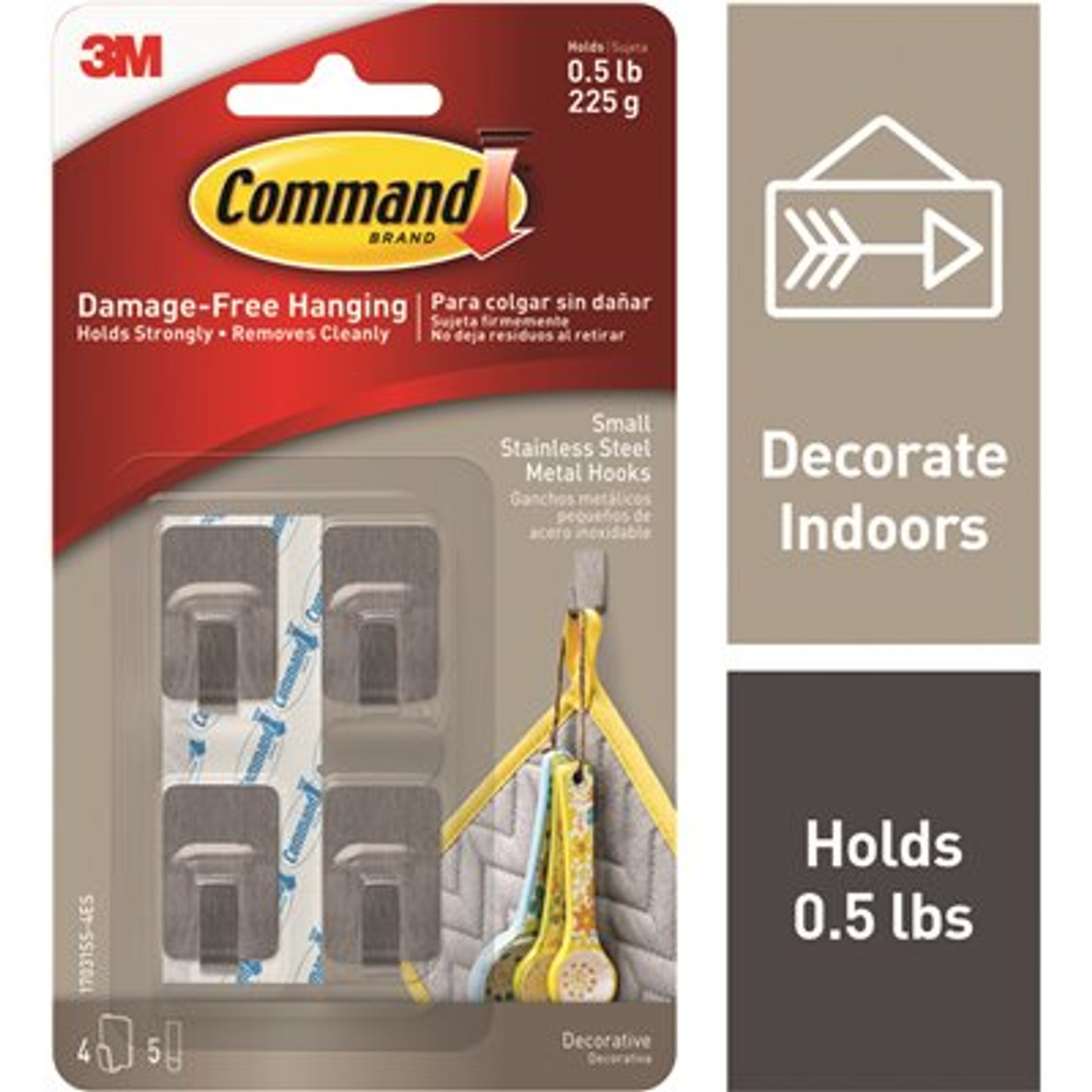 Command 1/2 Lbs. Small Stainless Steel Metal Hooks (Case Of 24-Packs, 4-Hooks, 5 Adhesive Strips)