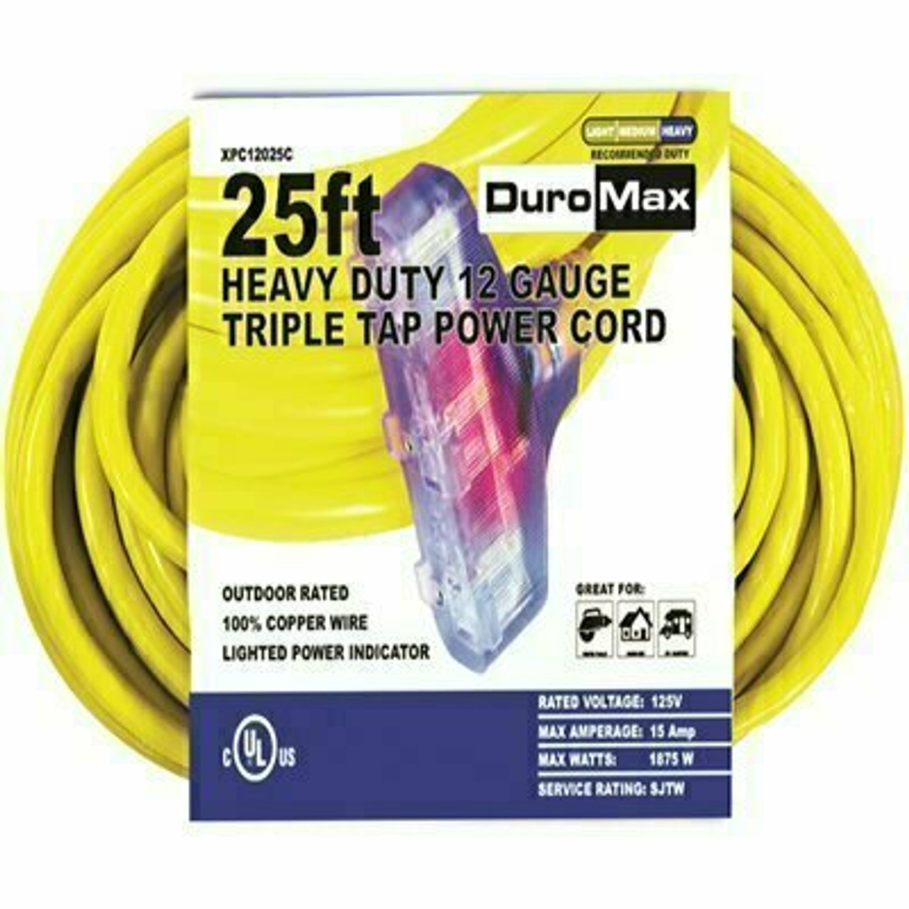 Duromax 25 Ft. 12/3-Gauge Triple Tap Extension Power Cord