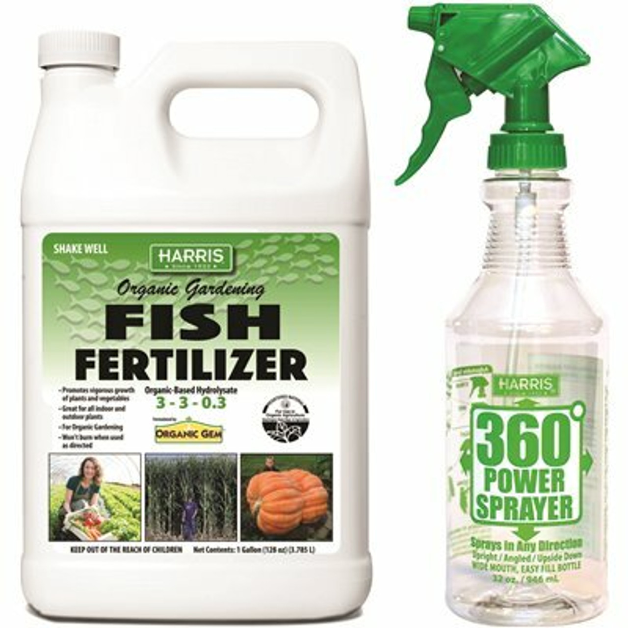 Harris 128 Oz. Organic Liquid Fish Fertilizer For Plants And 360-Degree Angle Spray Bottle Value Pack