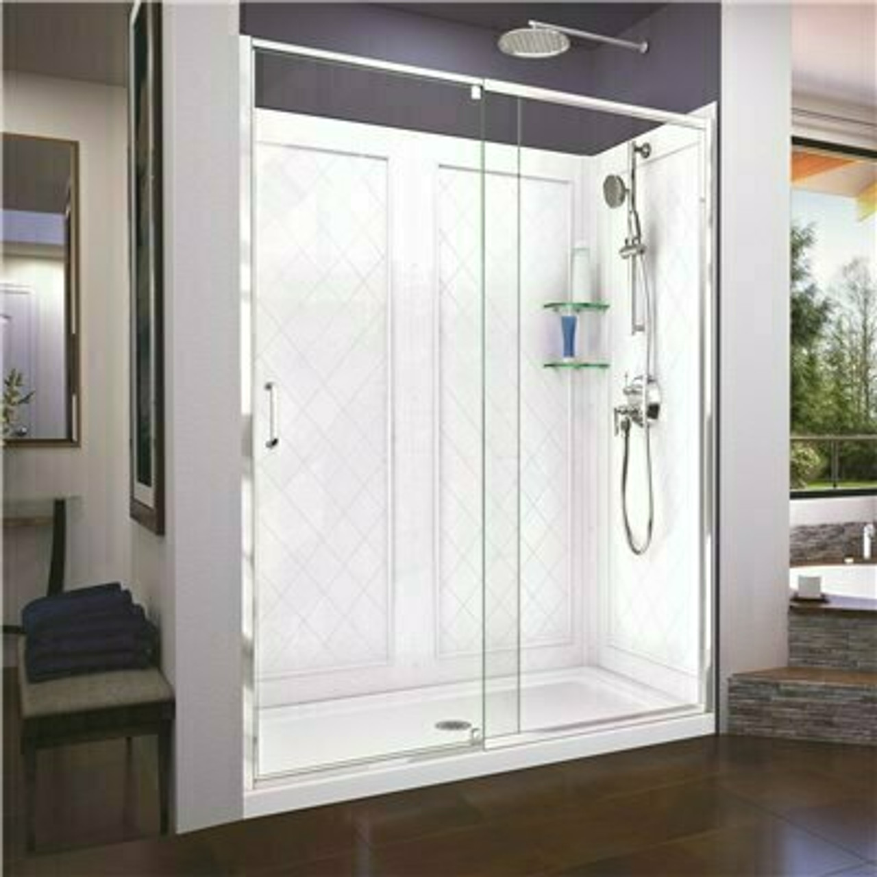 Flex 60 In. W X 32 In. D X 76.75 In. Framed Pivot Shower Door In Chrome With Center Drain White Base And Backwall Kit