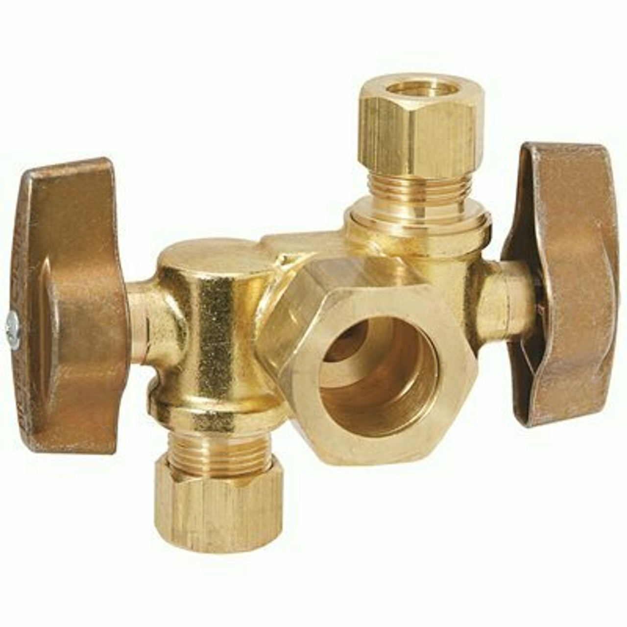 Brasscraft 1/2 In. Nominal Inlet X 3/8 In. O.D. Comp X 1/4 In. O.D. Dual Outlet Dual Shut-Off 1/4 In. Turn Angle Ball Valve