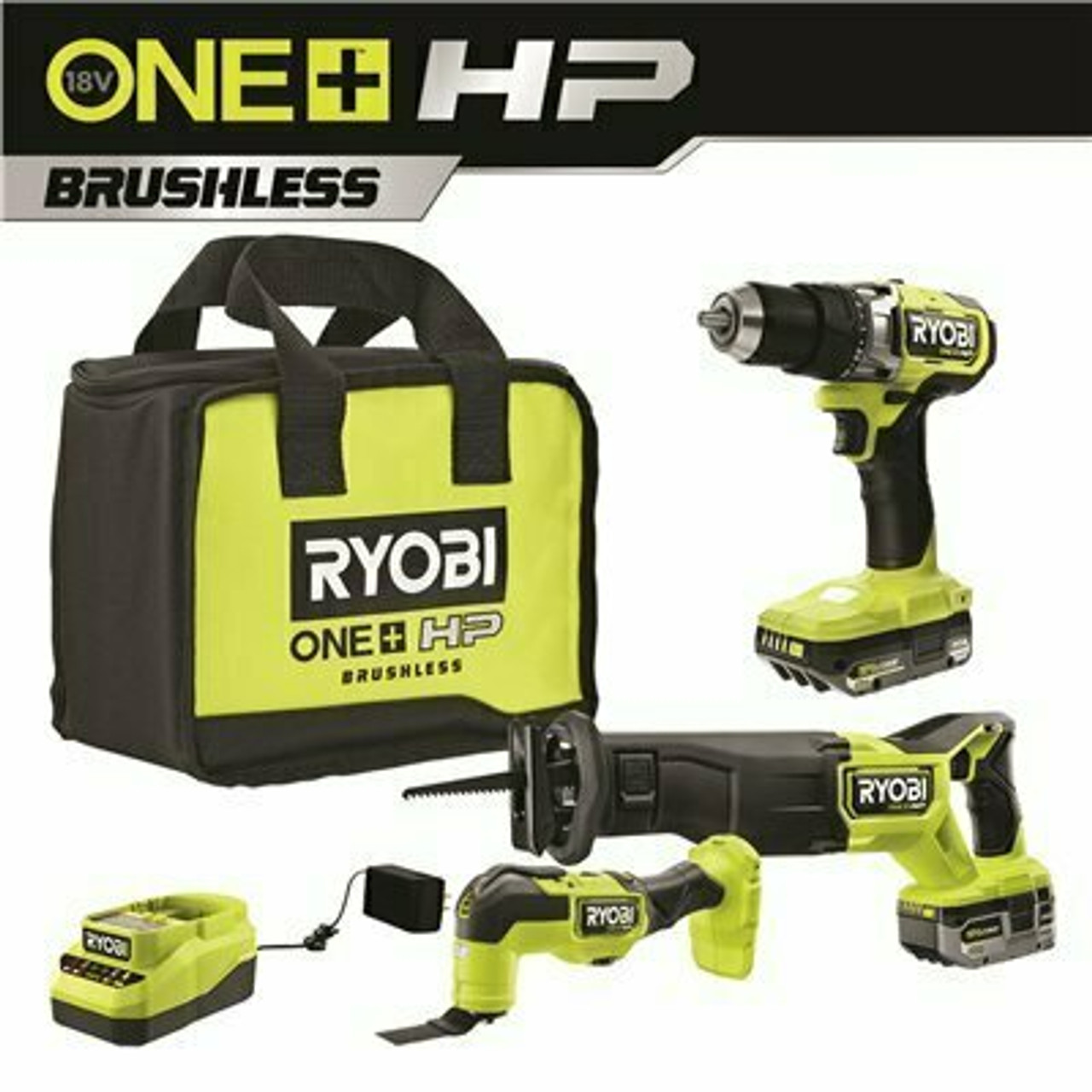 Ryobi One+ Hp 18V Brushless Cordless Combo Kit (3-Tool) With (2) High Performance Batteries, Charger, And Bag