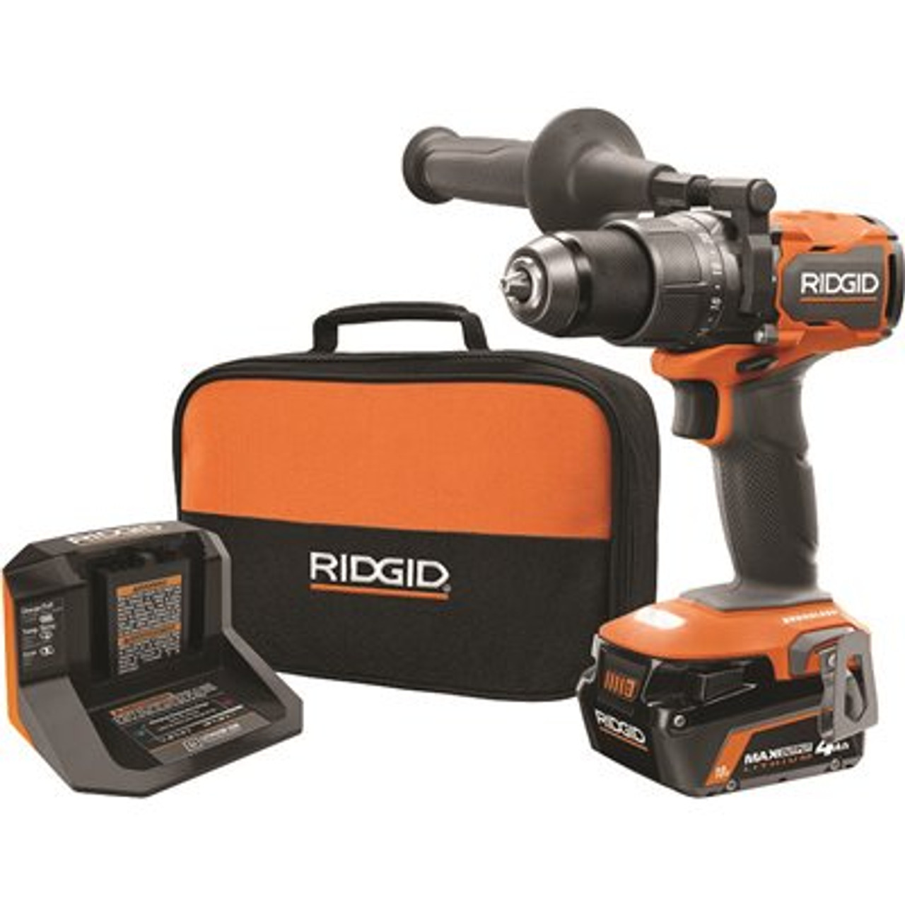 Ridgid 18V Brushless Cordless 1/2 In. Hammer Drill/Driver Kit With 4.0 Ah Max Output Battery, 18V Charger, And Tool Bag