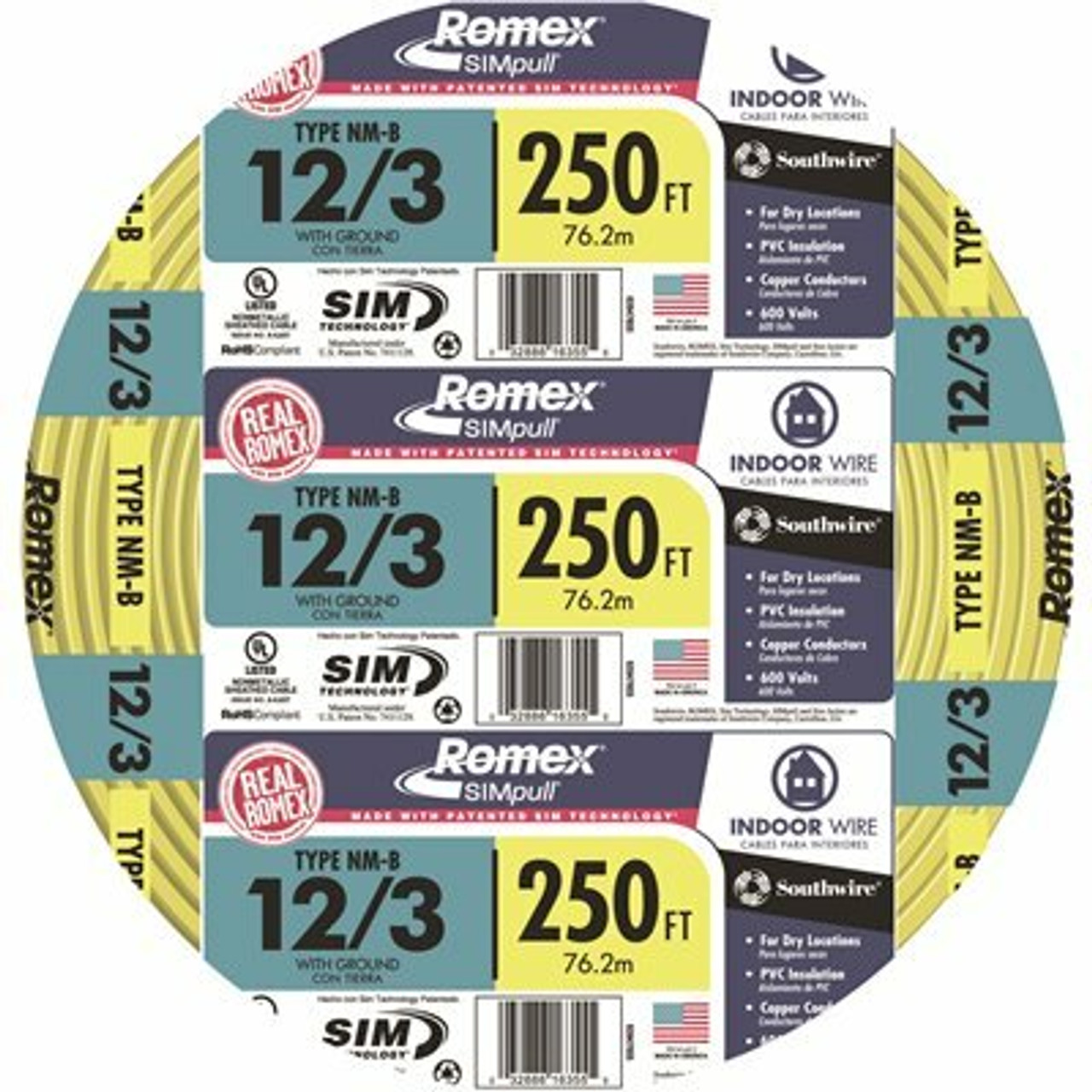 Southwire 250 ft. 12/3 Solid Romex SIMpull CU NM-B W/G Wire