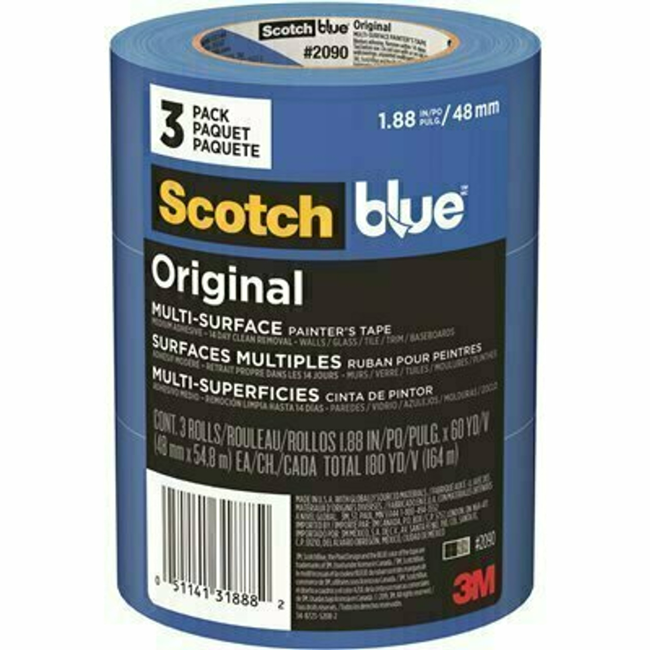 3M 1.88 In. X 60 Yd. (48 Mm X 54.8 M) Original Multi-Surface Painter'S Tape (3 Rolls/Pack)