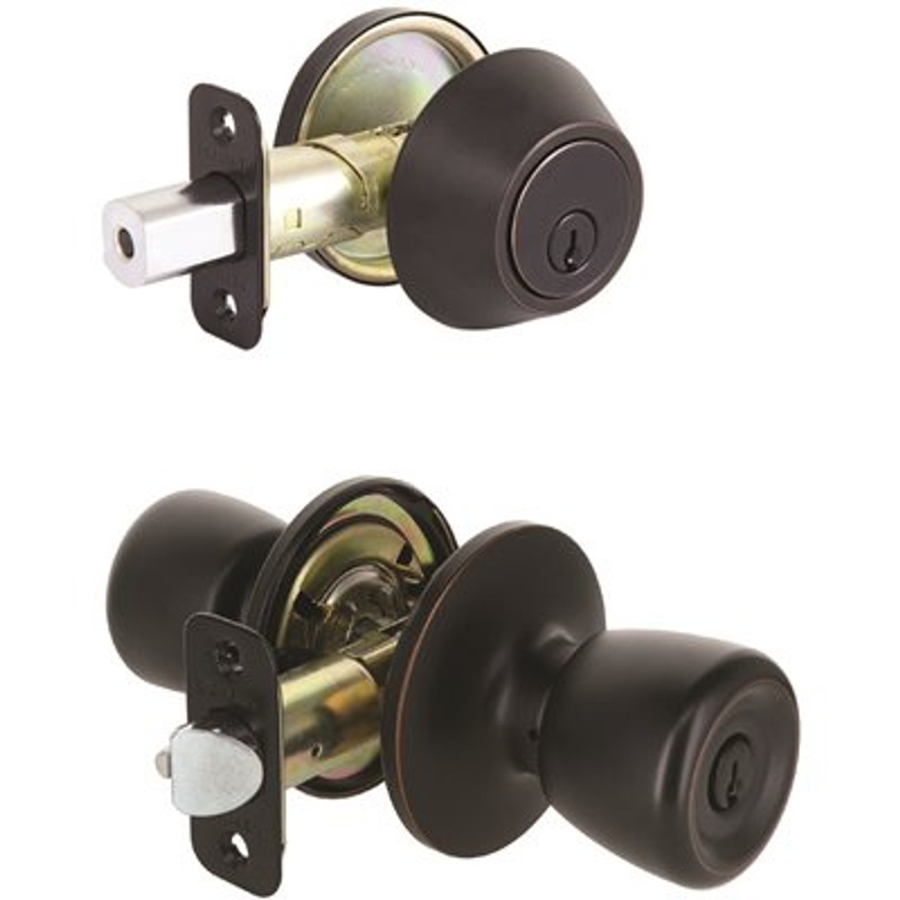 Defiant Waterbury Aged Bronze Keyed Entry Door Knob And Single Cylinder Deadbolt Combo Pack With Kw1 Keyway Keyed Differently