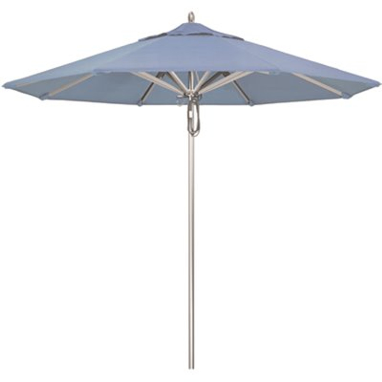 California Umbrella 9 ft. Silver Aluminum Commercial Market Patio Umbrella with Pulley Lift in Air Blue Sunbrella