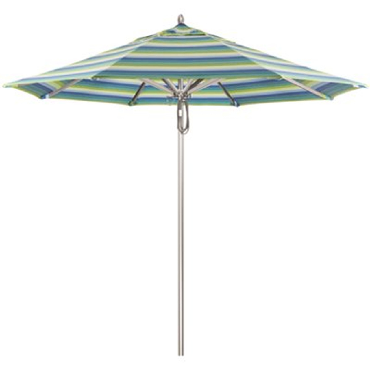 California Umbrella 9 ft. Silver Aluminum Commercial Market Patio Umbrella with Pulley Lift in Seville Seaside Sunbrella