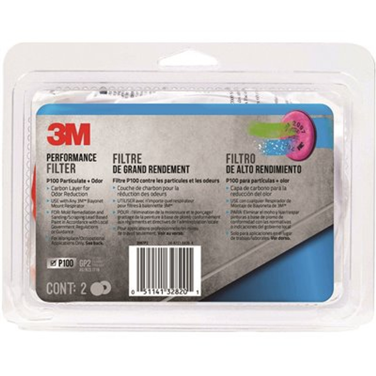 3M P100 Replacement Respirator Particulate Filter (2-Pack) (Case of 5)