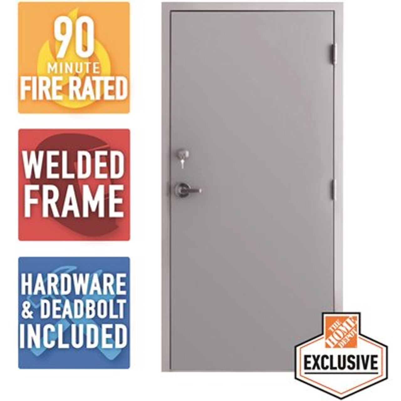 36 in. x 80 in. Fire-Rated Gray Left-Hand Flush Steel Prehung Commercial Door with Welded Frame, Deadlock and Hardware