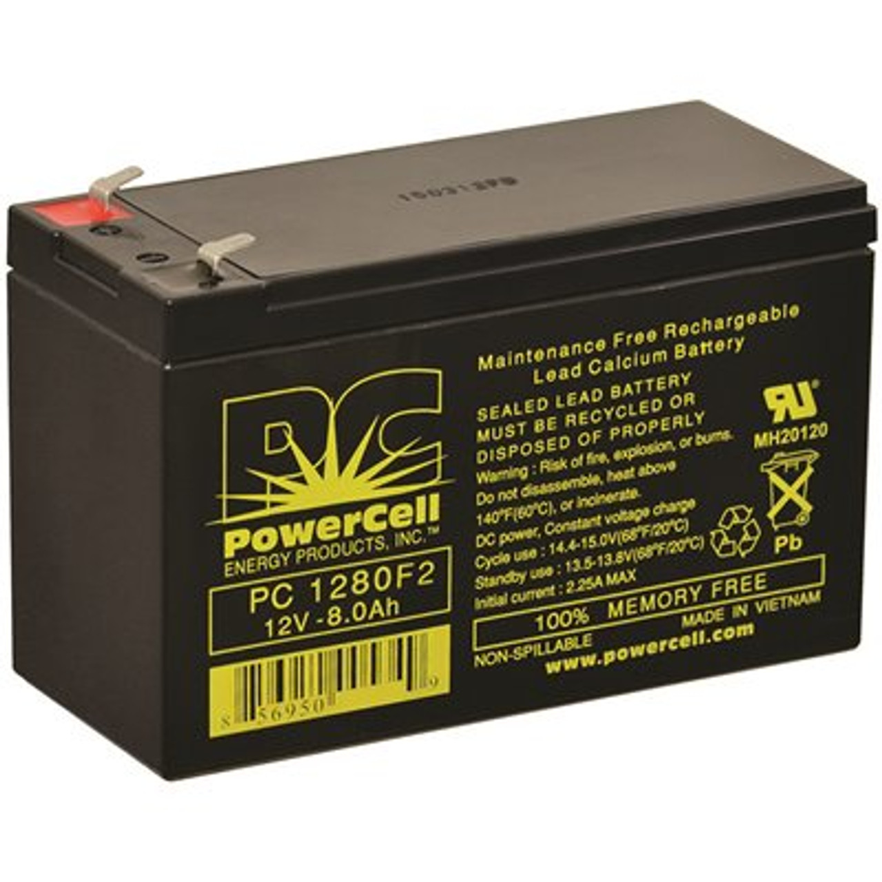 12-Volt 8.0 Ah, F2 Terminal, Sealed Lead-Acid, AGM, Maintenance Free, Rechargeable, Non-spillable, Battery