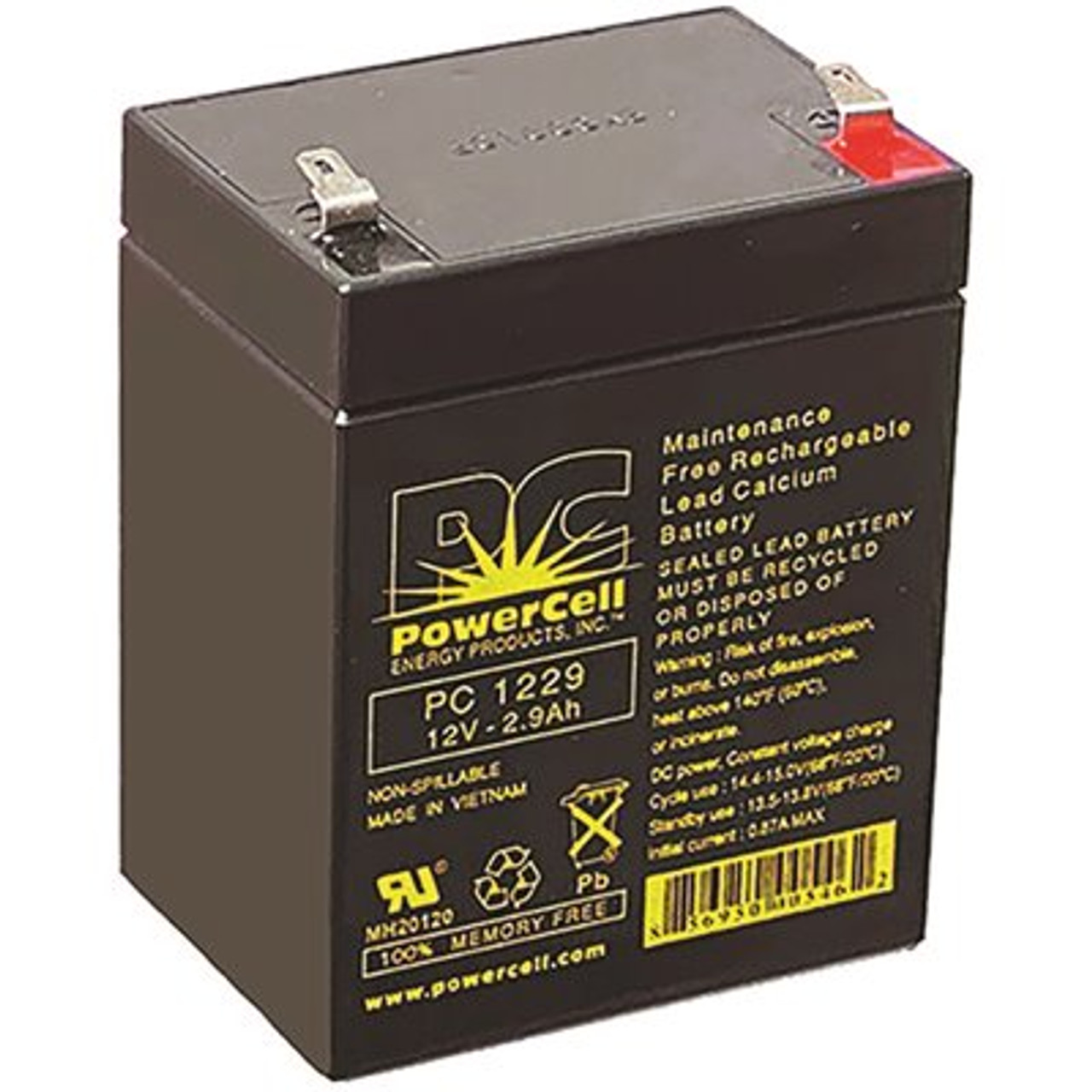 12-Volt 2.9 Ah, F1 Terminal, Sealed Lead-Acid, AGM, Maintenance Free, Rechargeable, Non-spillable, Battery