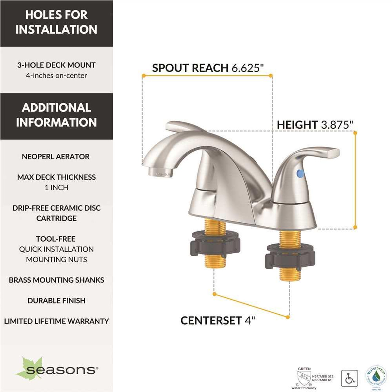 Seasons Anchor Point 4 in. Centerset Double-Handle Bathroom Faucet in Brushed Nickel, Drilled For Pop Up Seasons Anchor Point 4 in. Centerset Double-Handle Bathroom Faucet in Brushed Nickel, Drilled For Pop Up