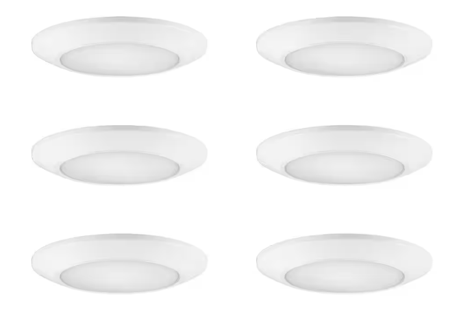 6-Pack 6 in. LED Surface Mount Downlight Flush Mount Disk Light Fixture, 600-900-1100 Lumens, Selectable CCT 2700K-5000K