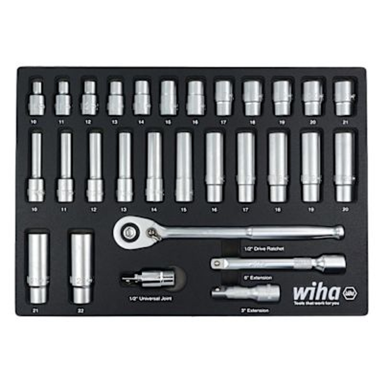 WIHA  29 Piece 1/2" Drive Professional Standard And Deep Socket Tray Set -Metric