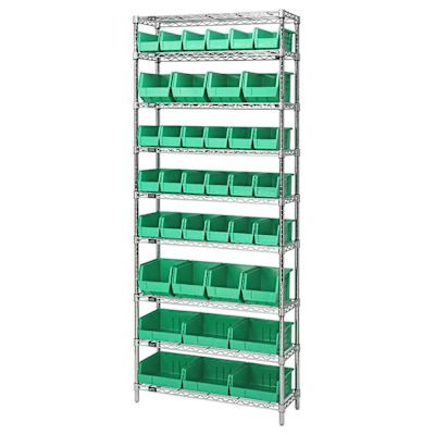 Quantum Storage Systems Wire Shelving Green Bin 42 X 12 X 86 Black Epoxy Finish