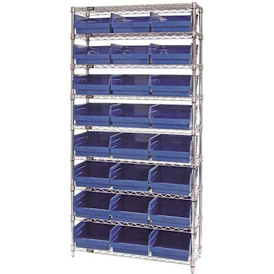 Quantum Storage Systems Wire Shelving Blue Bin 24 X 12 X 86 Grey Epoxy Finish