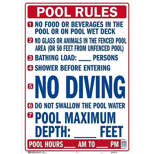 Hy-Ko "Pool Rules" Sign, State Of Florida Regulations, Plastic, 20 X 28"